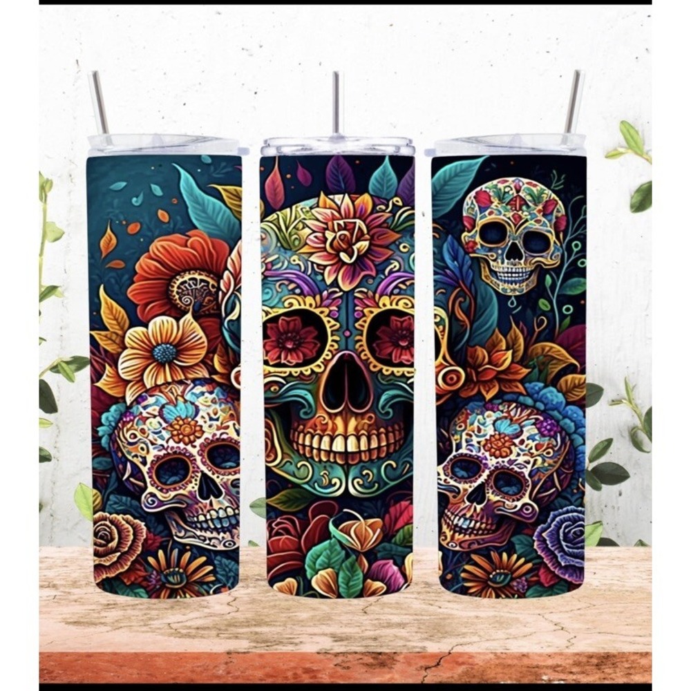 Sugar Skull Day Of The Dead Metal Tumbler 20oz Hot/Cold‎ With Straw
